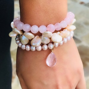 Stretch bracelets, stack bracelets, Cultured Light-pink Freshwater Pearl, and Pink Quartz, birthday gift, anniversary gift,