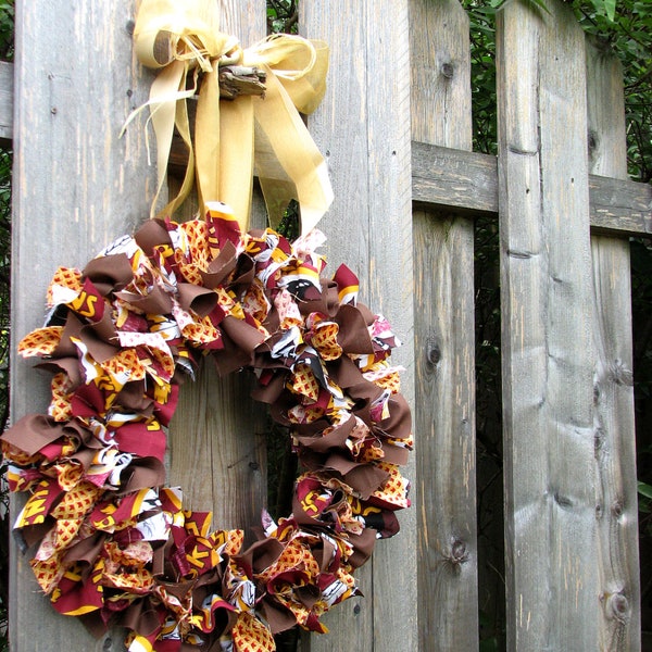 15" Burgundy and gold Redskin fabric rag wreath - The Kathy