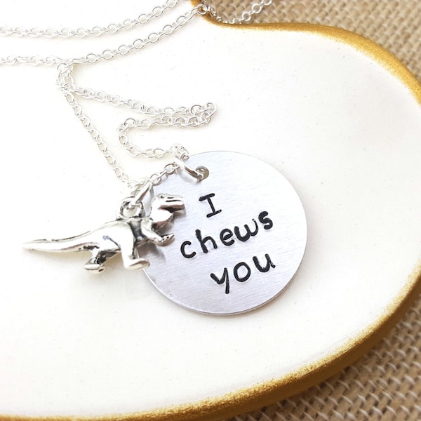 I Chews You - Dinosaur Necklace - Geek Necklace - Hand Stamped Sterling Silver Jewelry - Gift for Her