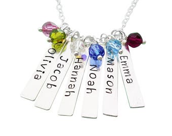 Family and Children Names Hand Stamped Sterling Silver Personalized Bar Necklace