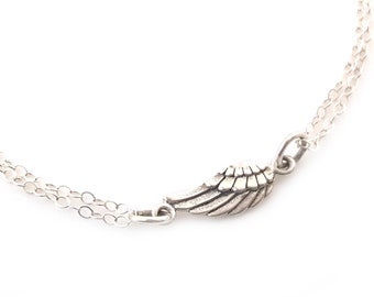 Sterling Silver Angel Wing Bracelet - Double Strand Chain Bracelet - Sterling Silver Bracelet - Memorial Bracelet - Gift for Her