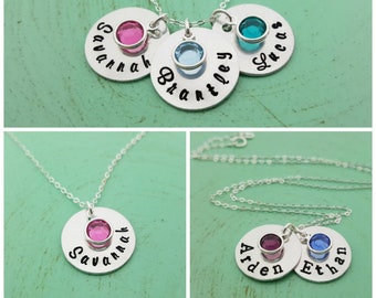 Personalized Hand Stamped Name and Birthstone Necklace - 925 Sterling Silver Custom Name Disc Jewelry - Mother's Day Sale