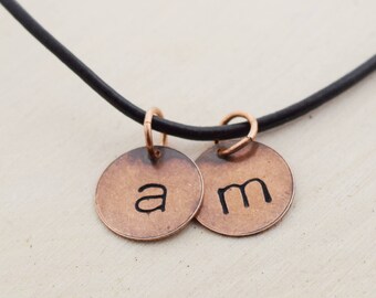 Copper Initial Disc Hand Stamped Jewelry For Him - Personalized Necklace - Leather Mens Jewelry - Gift for Him