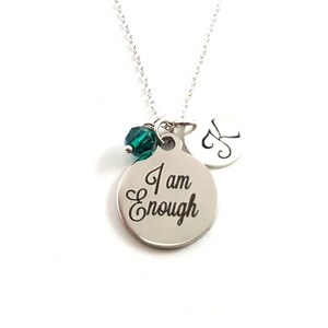 I am Enough Charm -  Birthstone Necklace - Personalized Initial Necklace - Sterling Silver Jewelry - Gift for Her