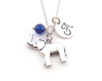 Elephant Charm -  Birthstone Necklace - Personalized Initial Necklace - Sterling Silver Jewelry - Gift for Her