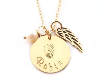 Fingerprint Custom Name Disc Memorial Angel Wing Necklace - 14k Gold Filled Jewelry - Personalized Necklace - Gift For Her