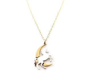 Unicorn Charm with Bronze Moon Charm - 14k Gold Filled Necklace