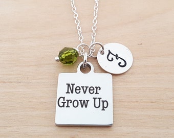 Never Grow Up Necklace - Peter Pan Necklace - Personalized Initial Necklace - Sterling Silver Necklace - Swarovski Birthstone Necklace