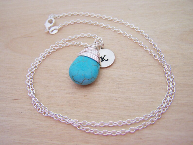 Wire Wrapped Turquoise Briolette Sterling Silver Initial Stamped Necklace Gift for Her