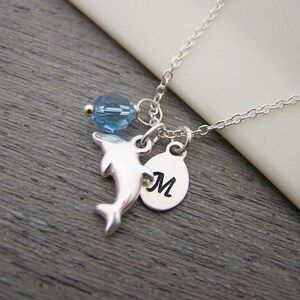 Dolphin Swarovski Birthstone Initial Personalized Sterling Silver Necklace / Gift for Her
