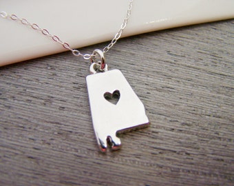 Alabama State Heart Cut Out Charm Sterling Silver Necklace / Gift for Her - Alabama Necklace - State Necklace - Geography Necklace
