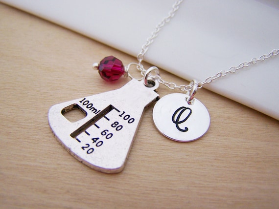 Chemistry Beaker Geek Charm Birthstone Initial Personalized Sterling Silver Necklace / Breaking Bad Necklace - Gift for Her