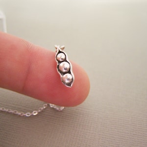 May include: A small, silver pea pod pendant with three round peas inside. The pendant is attached to a delicate silver chain. The pea pod is detailed and appears to be made of metal.