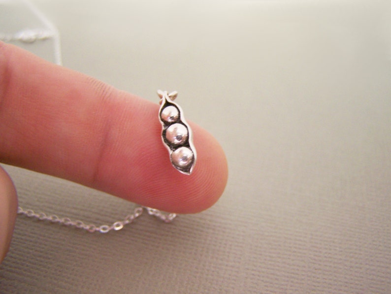 May include: A small, silver pea pod pendant with three round peas inside. The pendant is attached to a delicate silver chain. The pea pod is detailed and appears to be made of metal.