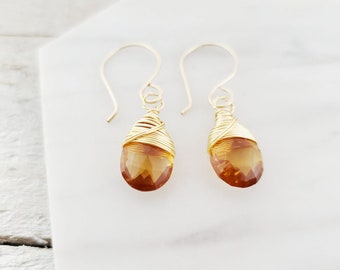 Citrine Wire Wrapped Gemstone - Dainty 14k Gold Filled Earrings - Jewelry for Her