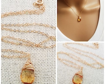 Citrine Necklace - November Birthstone - Dainty Drop Necklace - 14k Gold Fill Necklace - Gemstone Briolette Necklace - Gift for Her