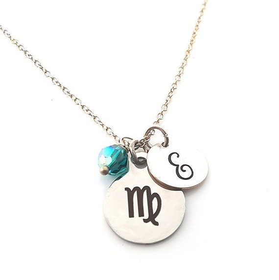 Virgo Zodiac Charm Swarovski Birthstone Initial Personalized Sterling Silver Necklace Gift for Her Etsy