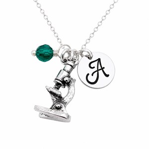 Microscope Science Charm Swarovski Birthstone Initial Personalized Sterling Silver Necklace - Personalized Necklace - Gift for Her