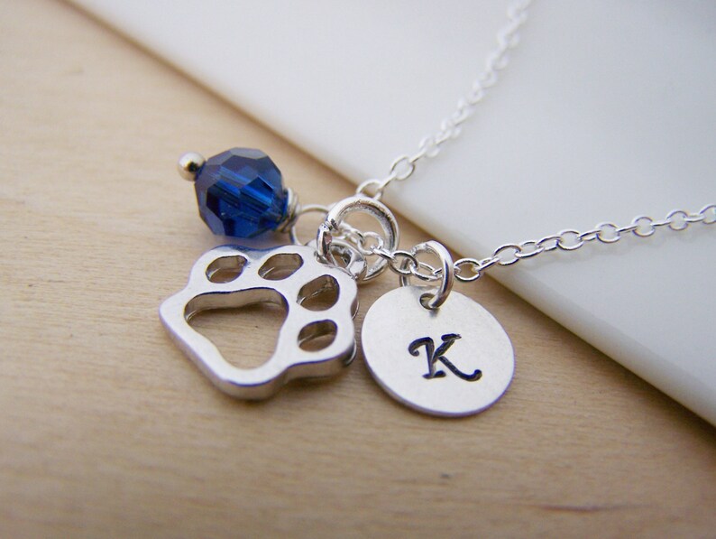 Paw Print Dog Cat Animal Pet Charm Swarovski Birthstone Initial Personalized Sterling Silver Necklace / Gift for Her image 2
