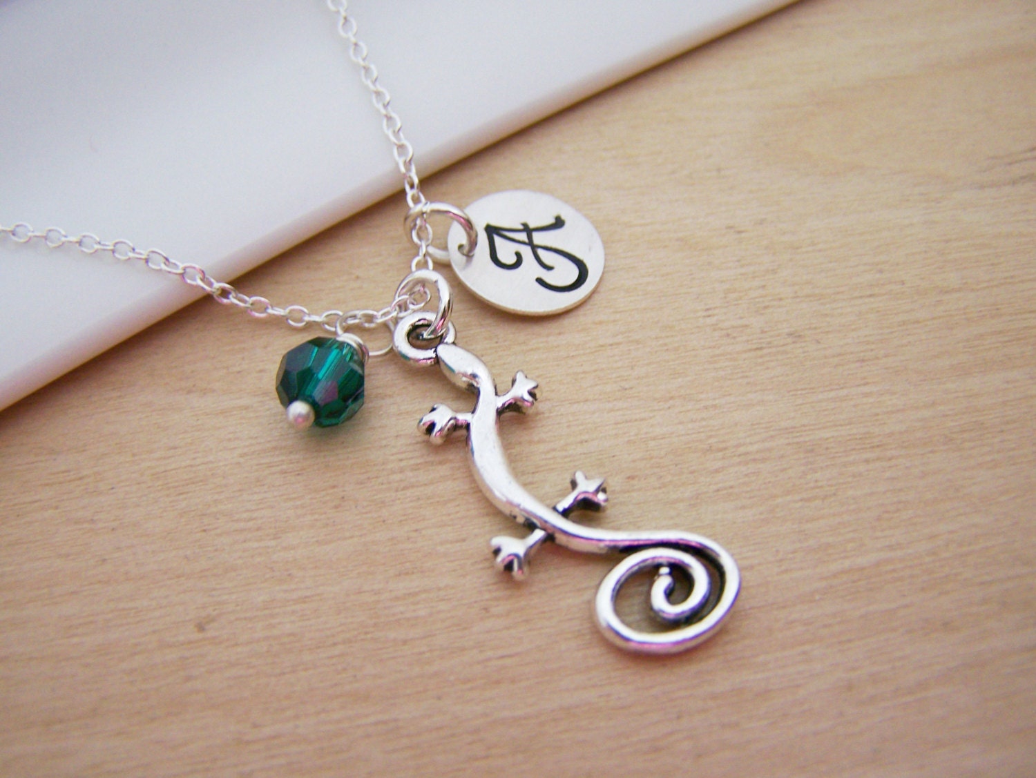 Gecko Lizard Charm Swarovski Birthstone Initial Personalized Sterling ...