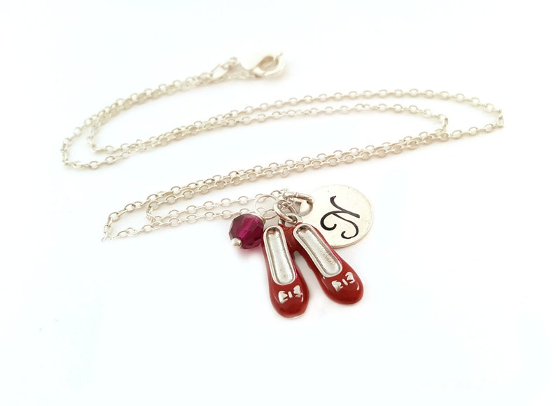 Ruby Slippers Necklace Wizard of Oz Charm Swarovski Birthstone Personalized Initial Necklace Sterling Silver Jewelry Gift for Her image 2