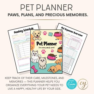 May include: A colorful printable pet planner with illustrations of a cat, dog, and bone. The planner includes sections for feeding schedules, pet expenses, and notes. The text on the cover reads "Pet Planner for every wag & woof."