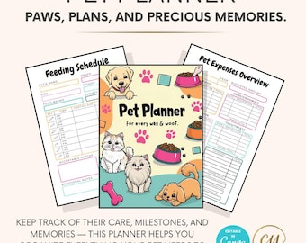 May include: A colorful printable pet planner with illustrations of a cat, dog, and bone. The planner includes sections for feeding schedules, pet expenses, and notes. The text on the cover reads "Pet Planner for every wag & woof."