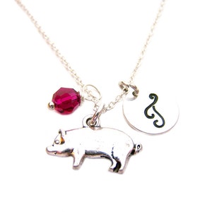 May include: Silver necklace with a pig charm, a red crystal bead, and a silver charm with a swirl design.