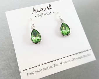August Birthstone Earrings - Green Peridot Crystal Sterling Silver Teardrop Earrings - Gift for Her