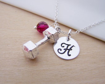 Dumbbell Weight Lifting Gym Charm Necklace Swarovski Birthstone Initial Sterling Silver Necklace / Gift for Her - Personalized Jewelry