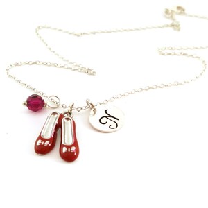 Ruby Slippers Necklace Wizard of Oz Charm Swarovski Birthstone Personalized Initial Necklace Sterling Silver Jewelry Gift for Her image 3