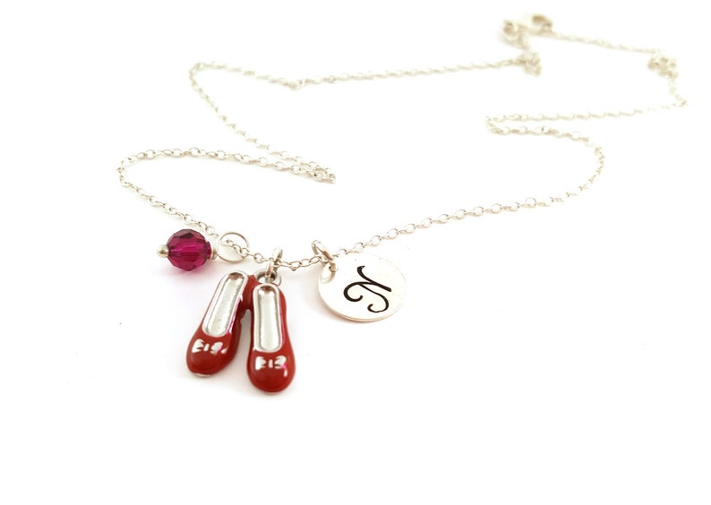 Ruby Slippers Necklace Wizard of Oz Charm Swarovski Birthstone Personalized Initial Necklace Sterling Silver Jewelry Gift for Her image 3