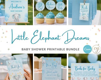 Little Elephant Dreams Baby Shower Printable Bundle – Blue Elephant Theme – Instant Download