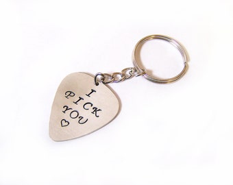 Custom Hand Stamped Silver, Brass or Copper Guitar Pick Keychain / Gift for Him