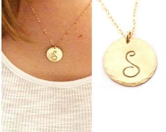 Hammered Initial Disc - Gold Filled Personalized Necklace- Gift for Her