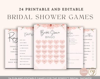 24 Printable & Editable Bridal Shower Games Bundle | Blush Floral Theme | Bridal Bingo, Disney Couples, Guess the Kisses, w/ Answer Sheets