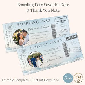 May include: A blue and white boarding pass save the date and thank you card with a photo of a couple in the center. The card features a plane, clouds, and the text "Boarding Pass Save the Date & Thank You Note".