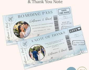 Boarding Pass Save the Date & Thank You Note Template | Destination Wedding Invitation | Editable Canva Template | Instant Download