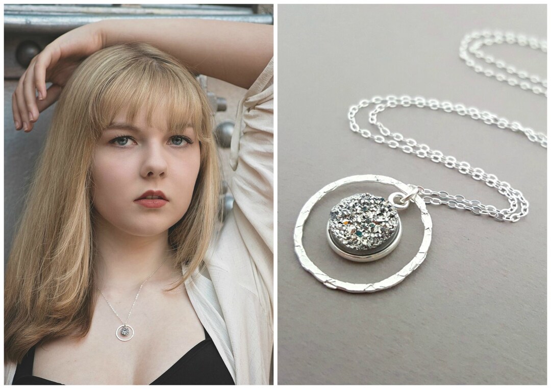 Silver Druzy Halo Necklace Sterling Silver Gemstone Jewelry Etsy