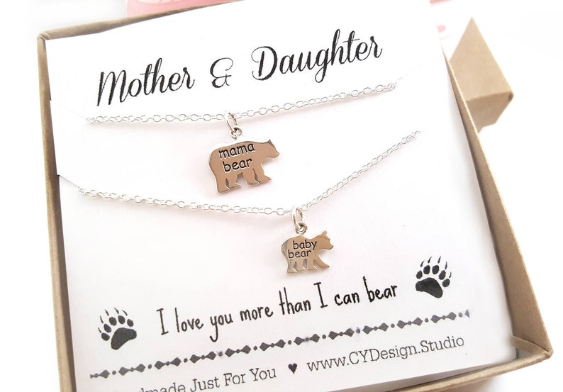 Mama Bear and Baby Bear Sterling Silver Necklace Set Perfect Mother's Day Gift Mother & Daughter Jewelry Set Baby Shower Gift image 1