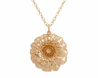 Gold Marigold Flower Necklace • Floral Statement Pendant Necklace • 14k Gold Filled Necklace • Botanical Flower Jewelry