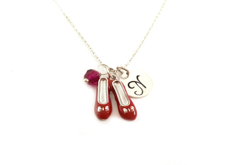 Ruby Slippers Necklace Wizard of Oz Charm Swarovski Birthstone Personalized Initial Necklace Sterling Silver Jewelry Gift for Her image 1