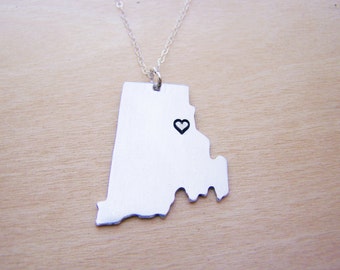 Hand Stamped Heart Rhode Island State Sterling Silver Necklace