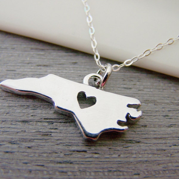 North Carolina State Heart Cut Out Charm Sterling Silver Necklace / Gift for Her - NC Necklace - State Necklace - Geography Necklace