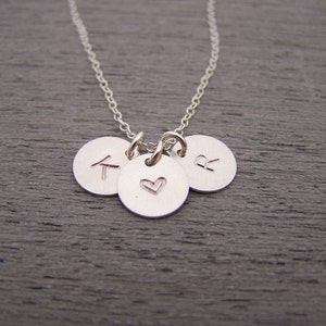 Two Initial Three Disc Heart Hand Stamped Personalized Sterling SIlver Necklace / Gift for Her