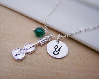 Violin Music Charm Swarovski Birthstone Initial Personalized Sterling Silver Necklace / Gift for Her
