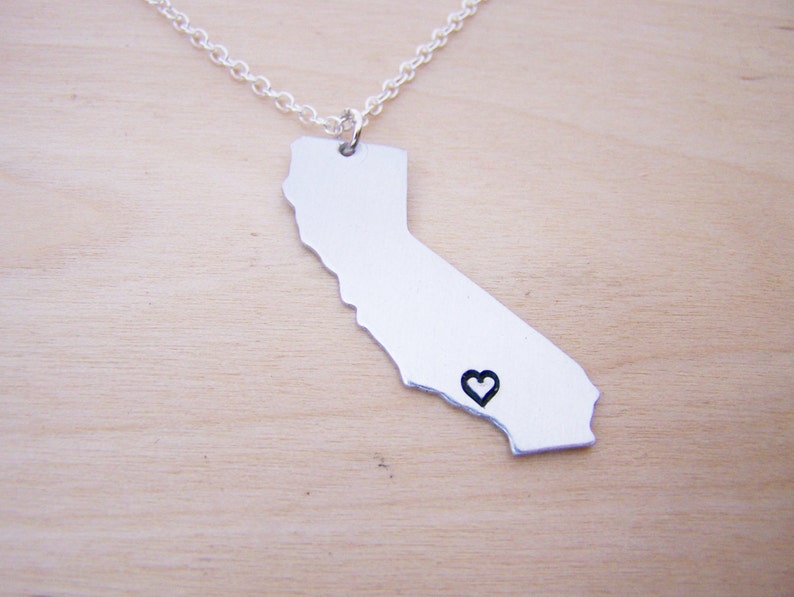 California State Sterling Silver Handstamped Heart Necklace image 1