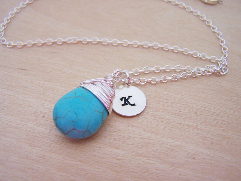 Wire Wrapped Turquoise Briolette Sterling Silver Initial Stamped Necklace Gift for Her