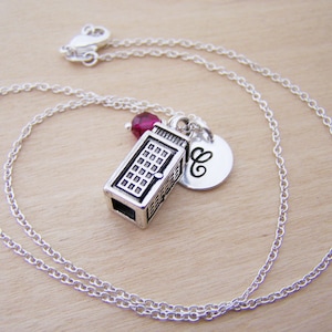 Phone Booth Tardis Dr Who Charm Necklace Swarovski Birthstone Initial Sterling Silver Necklace / Gift for Her - Personalized Jewelry