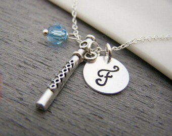 Flute Music Charm Swarovski Birthstone Initial Personalized Sterling Silver Necklace - Gift for Her